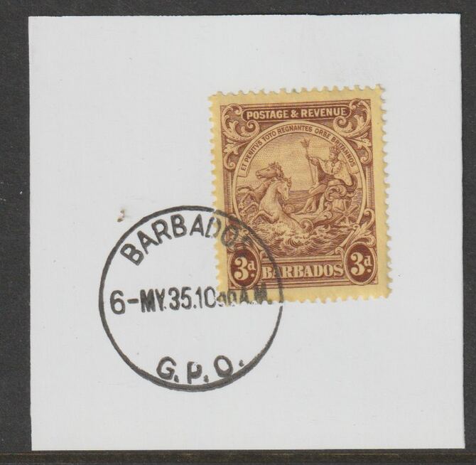 Barbados 1925 KG5 Britannia 3d purple on yellow on piece with full strike of Madame Joseph forged postmark type 46, stamps on , stamps on  kg5 , stamps on forgery, stamps on madame joseph