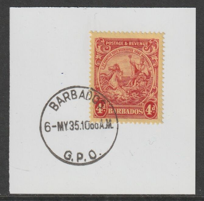 Barbados 1925 KG5 Britannia 4d red on yellow on piece with full strike of Madame Joseph forged postmark type 46, stamps on , stamps on  stamps on , stamps on  stamps on  kg5 , stamps on  stamps on forgery, stamps on  stamps on madame joseph