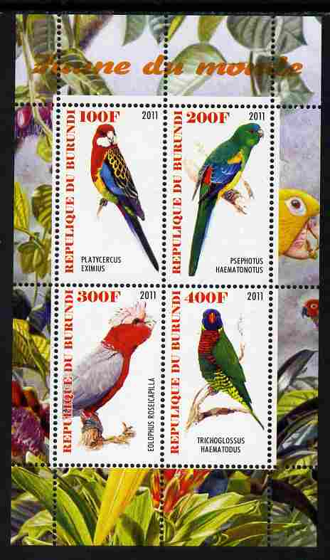 Burundi 2011 Fauna of the World - Parrots #3 perf sheetlet containing 4 values unmounted mint, stamps on , stamps on  stamps on birds, stamps on  stamps on parrots