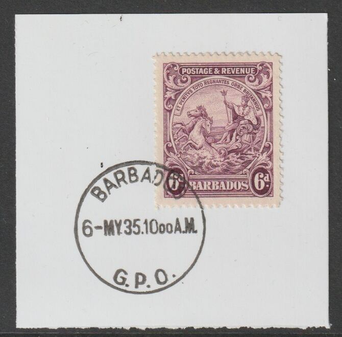 Barbados 1925 KG5 Britannia 6d purple on piece with full strike of Madame Joseph forged postmark type 46, stamps on , stamps on  kg5 , stamps on forgery, stamps on madame joseph