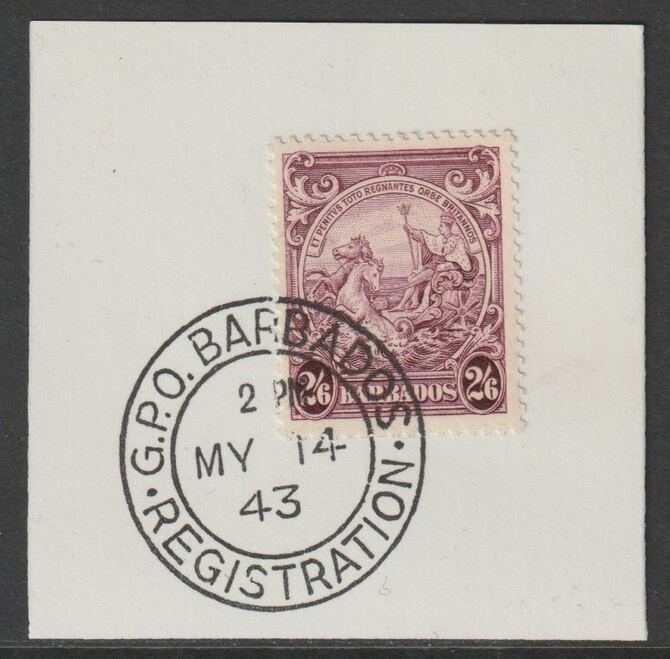 Barbados 1938 KG6 Britannia 2s6d purple on piece with full strike of Madame Joseph forged postmark type 47, stamps on , stamps on  kg6 , stamps on forgery, stamps on madame joseph