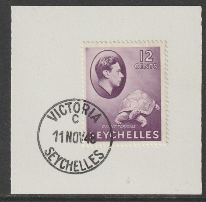 Seychelles 1938 KG6 12c reddish violet on piece cancelled with full strike of Madame Joseph forged postmark type 389, stamps on , stamps on  stamps on , stamps on  stamps on  kg6 , stamps on  stamps on forgeries, stamps on  stamps on 