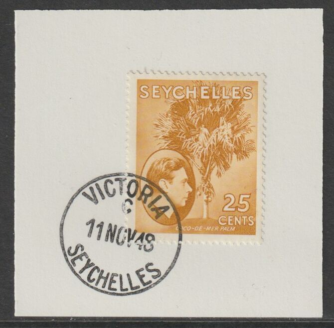 Seychelles 1938 KG6 25c brown-ochre on piece cancelled with full strike of Madame Joseph forged postmark type 389, stamps on , stamps on  stamps on , stamps on  stamps on  kg6 , stamps on  stamps on forgeries, stamps on  stamps on 