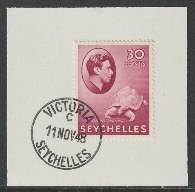 Seychelles 1938 KG6 30c carmine on piece cancelled with full strike of Madame Joseph forged postmark type 389, stamps on , stamps on  stamps on , stamps on  stamps on  kg6 , stamps on  stamps on forgeries, stamps on  stamps on tortoise