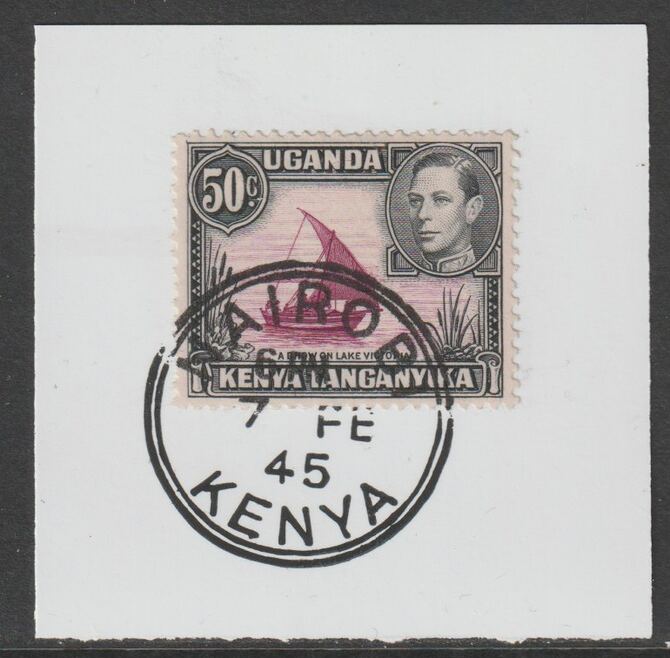 Kenya, Uganda & Tanganyika 1938 KG6 50c  purple & black on piece cancelled with full strike of Madame Joseph forged postmark type 226, stamps on , stamps on  kg6 , stamps on forgeries, stamps on sailing
