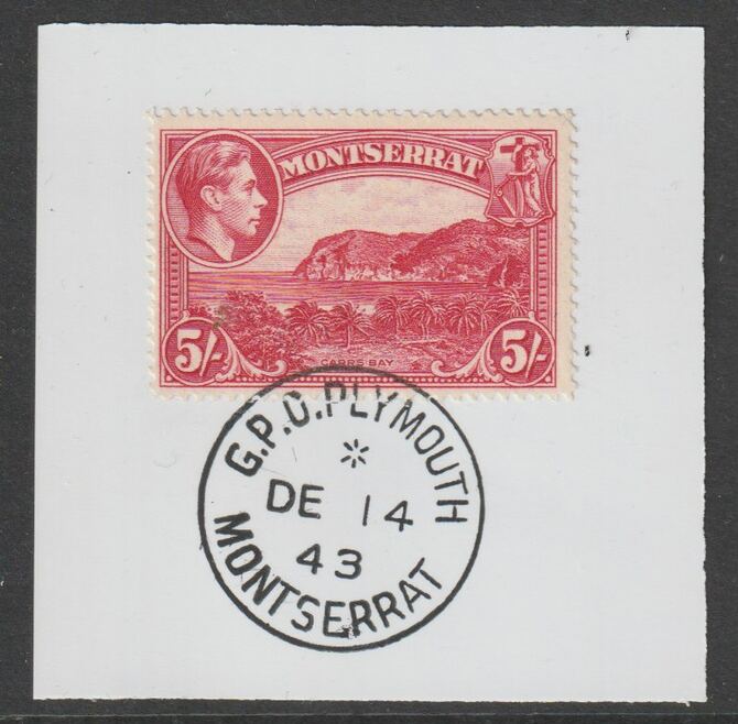 Montserrat 1938 KG6 Pictorial 5s rose-carmineon piece with full strike of Madame Joseph forged postmark type 263, stamps on , stamps on  kg6 , stamps on forgery