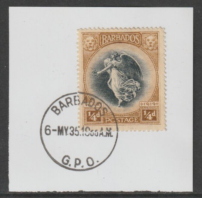 Barbados 1920-21 KG5 Victory 1/4d on piece with full strike of Madame Joseph forged postmark type 46, stamps on , stamps on  stamps on , stamps on  stamps on  kg5 , stamps on  stamps on forgery, stamps on  stamps on madame joseph