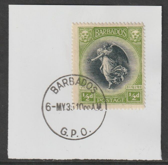 Barbados 1920-21 KG5 Victory 1/2d on piece with full strike of Madame Joseph forged postmark type 46, stamps on , stamps on  kg5 , stamps on forgery, stamps on madame joseph