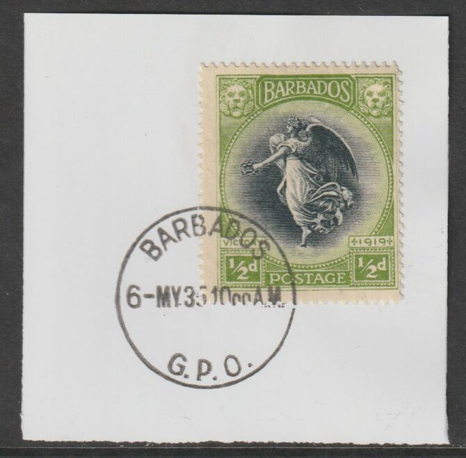 Barbados 1920-21 KG5 Victory 1/2d on piece with full strike of Madame Joseph forged postmark type 46, stamps on , stamps on  stamps on , stamps on  stamps on  kg5 , stamps on  stamps on forgery, stamps on  stamps on madame joseph