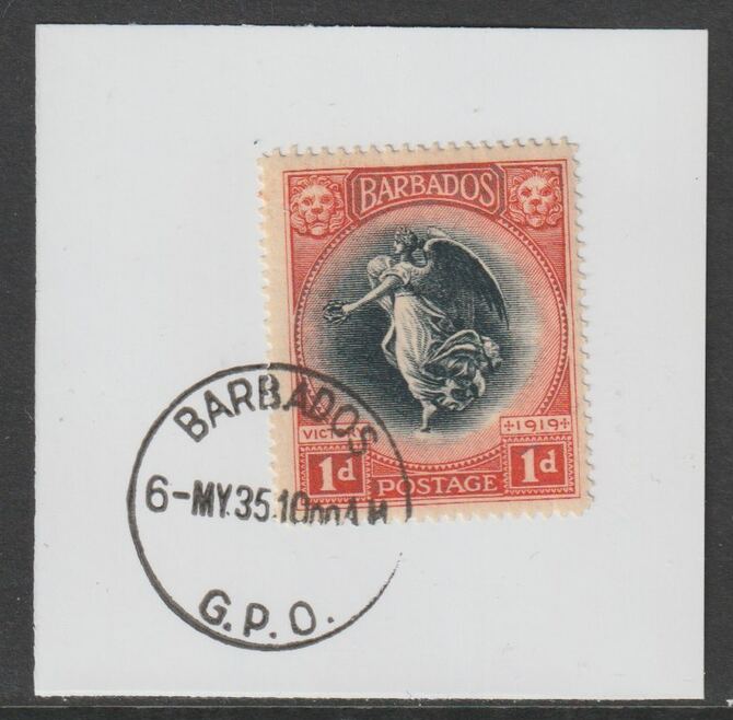 Barbados 1920-21 KG5 Victory 1d on piece with full strike of Madame Joseph forged postmark type 46, stamps on , stamps on  kg5 , stamps on forgery, stamps on madame joseph