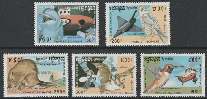 Cambodia 1993 Wildlife & Technology perf set of 5 unmounted mint SG 1276-80, stamps on dolphins, stamps on submarines, stamps on aviation, stamps on birds of prey, stamps on falcons, stamps on beavers, stamps on dams, stamps on satellites, stamps on bats, stamps on hummingbirds, stamps on helicopters, stamps on space