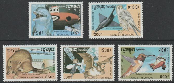 Cambodia 1993 Wildlife & Technology perf set of 5 unmounted mint SG 1276-80, stamps on , stamps on  stamps on dolphins, stamps on  stamps on submarines, stamps on  stamps on aviation, stamps on  stamps on birds of prey, stamps on  stamps on falcons, stamps on  stamps on beavers, stamps on  stamps on dams, stamps on  stamps on satellites, stamps on  stamps on bats, stamps on  stamps on hummingbirds, stamps on  stamps on helicopters, stamps on  stamps on space