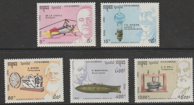 Cambodia 1992 EXPO Worlds Fair - Inventors perf set of 5 unmounted mint, SG 1235-39, stamps on , stamps on  stamps on expo, stamps on  stamps on inventors, stamps on  stamps on autogiro, stamps on  stamps on edison, stamps on  stamps on morse code, stamps on  stamps on communications, stamps on  stamps on submarines, stamps on  stamps on bell, stamps on  stamps on telephones