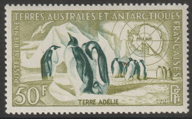 French Southern & Antarctic Territories 1956-60 Emperor Penguins 50f mounted mint SG 16, stamps on , stamps on  stamps on polar, stamps on  stamps on birds, stamps on  stamps on penguins