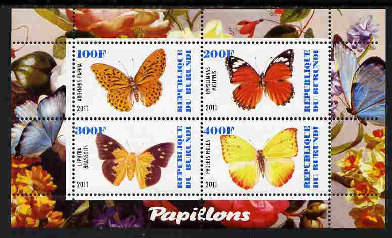 Burundi 2011 Fauna of the World - Butterflies #3 perf sheetlet containing 4 values unmounted mint, stamps on , stamps on  stamps on butterflies