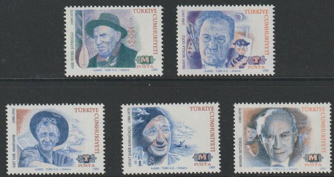 Turkey 1992 Anniversaries perf set of 5 unmounted mint, SG 3171-75, stamps on , stamps on  stamps on personalities, stamps on  stamps on literature