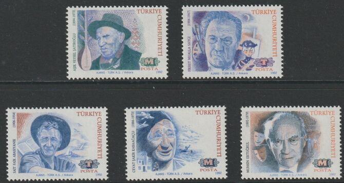 Turkey 1992 Anniversaries perf set of 5 unmounted mint, SG 3171-75, stamps on personalities, stamps on literature