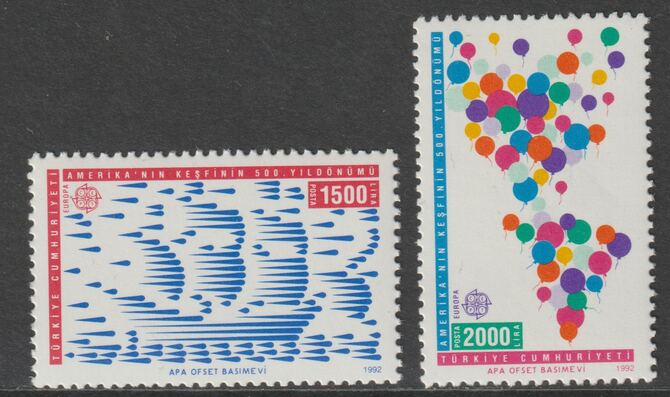 Turkey 1992 Europa - 500th Anniversary of Discovery of America by Columbus perf set of 2 unmounted mint, SG 3141-42, stamps on europa, stamps on explorers, stamps on columbus, stamps on ships, stamps on balloons