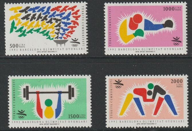 Turkey 1992 Barcelona Olympic Games perf set of 4 unmounted mint, SG 3153-56, stamps on , stamps on  stamps on olympics, stamps on  stamps on boxing, stamps on  stamps on wrestling, stamps on  stamps on weights, stamps on  stamps on weight lifting, stamps on  stamps on 