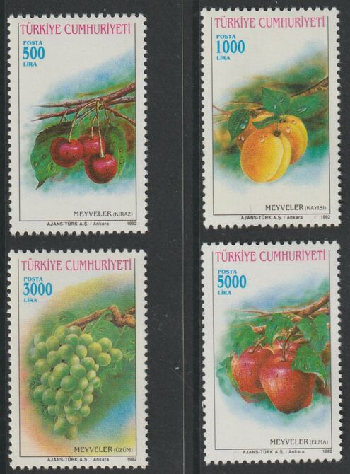 Turkey 1992 Fruits #1 perf set of 4 unmounted mint, SG 3163-66, stamps on , stamps on  stamps on fruit, stamps on  stamps on apples, stamps on  stamps on grapes, stamps on  stamps on cherries, stamps on  stamps on apricots