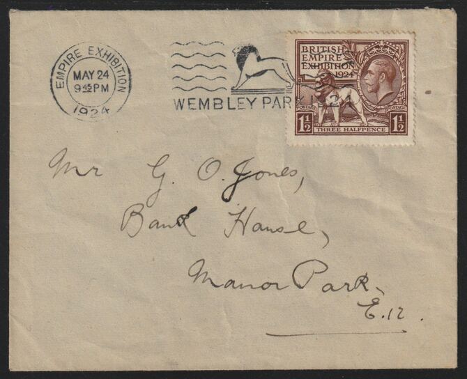 Great Britain  1924 KG5 Wembley Exhibition 1.5d brown on neat commercial cover with 24 May Exhibitiob cancel, SG431, stamps on lions, stamps on  kg5 , stamps on exhibitions