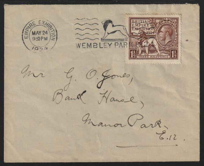 Great Britain,1924 KG5 Wembley Exhibition 1.5d brown on neat commercial cover with 24 May Exhibitiob cancel, SG431, stamps on , stamps on  stamps on lions, stamps on  stamps on  kg5 , stamps on  stamps on exhibitions