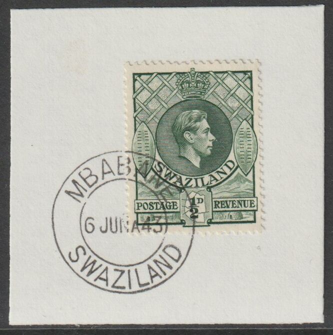 Swaziland 1938 KG6 Definitive 1/2d on piece with full strike of Madame Joseph forged postmark type 411, stamps on , stamps on  stamps on , stamps on  stamps on  kg6 , stamps on  stamps on forgery, stamps on  stamps on forgeries