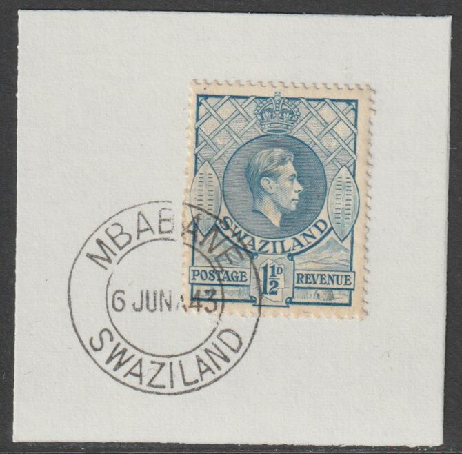 Swaziland 1938 KG6 Definitive 1.5d on piece with full strike of Madame Joseph forged postmark type 411, stamps on , stamps on  stamps on , stamps on  stamps on  kg6 , stamps on  stamps on forgery, stamps on  stamps on forgeries