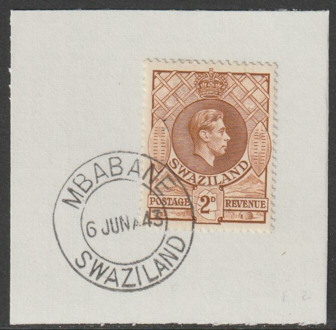 Swaziland 1938 KG6 Definitive 2d on piece with full strike of Madame Joseph forged postmark type 411, stamps on , stamps on  kg6 , stamps on forgery, stamps on forgeries