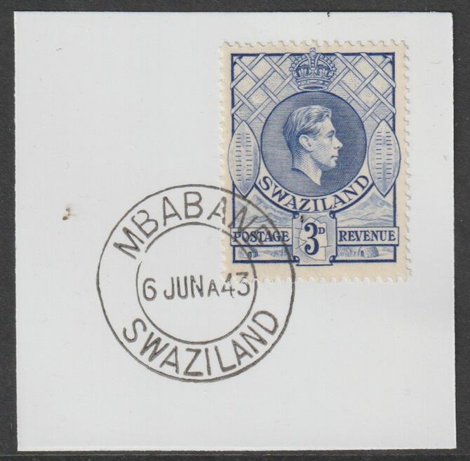 Swaziland 1938 KG6 Definitive 3d on piece with full strike of Madame Joseph forged postmark type 411, stamps on , stamps on  stamps on , stamps on  stamps on  kg6 , stamps on  stamps on forgery, stamps on  stamps on forgeries