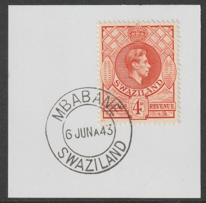 Swaziland 1938 KG6 Definitive 4d on piece with full strike of Madame Joseph forged postmark type 411, stamps on , stamps on  kg6 , stamps on forgery, stamps on forgeries