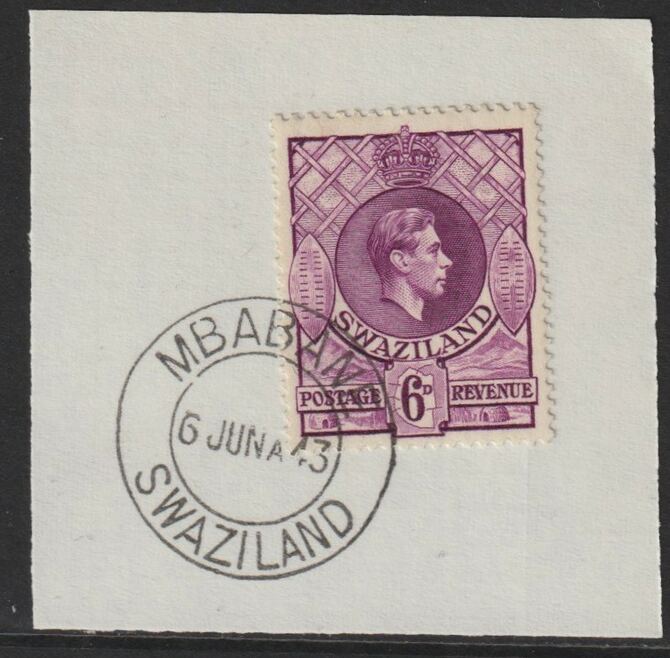 Swaziland 1938 KG6 Definitive 6d on piece with full strike of Madame Joseph forged postmark type 411, stamps on , stamps on  kg6 , stamps on forgery, stamps on forgeries