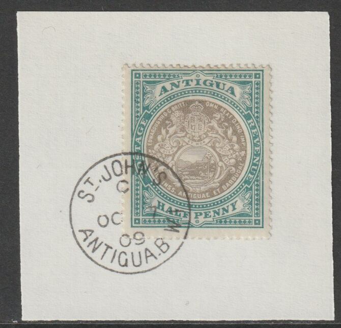 Antigua 1903 Arms 1/2d grey-black & green on piece with full strike of Madame Joseph forged postmark type 13, stamps on arms, stamps on forgery, stamps on forgeries