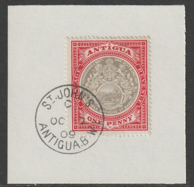 Antigua 1903 Arms 1d grey-black & rose-red on piece with full strike of Madame Joseph forged postmark type 13, stamps on arms, stamps on forgery, stamps on forgeries