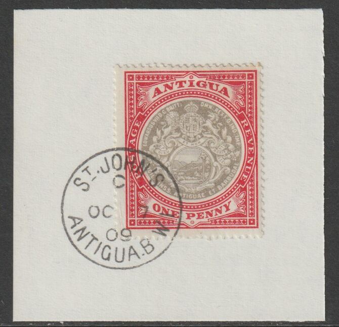 Antigua 1903 Arms 1d grey-black & rose-red on piece with full strike of Madame Joseph forged postmark type 13, stamps on , stamps on  stamps on arms, stamps on  stamps on forgery, stamps on  stamps on forgeries