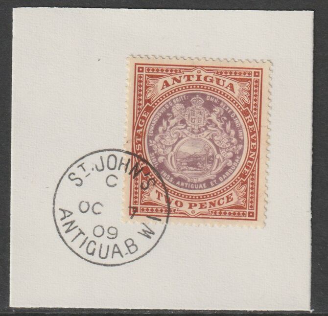 Antigua 1903-17 Arms 2d dull purple & brown on piece with full strike of Madame Joseph forged postmark type 13, stamps on arms, stamps on forgery, stamps on forgeries
