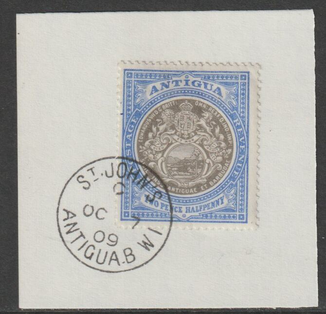 Antigua 1903 Arms 2.5d grey-black & blue on piece with full strike of Madame Joseph forged postmark type 13, stamps on arms, stamps on forgery, stamps on forgeries