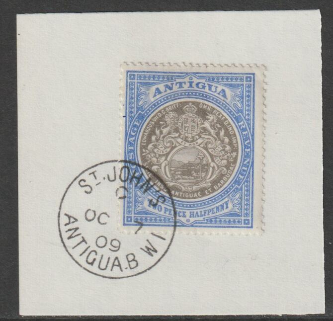 Antigua 1903 Arms 2.5d grey-black & blue on piece with full strike of Madame Joseph forged postmark type 13, stamps on , stamps on  stamps on arms, stamps on  stamps on forgery, stamps on  stamps on forgeries