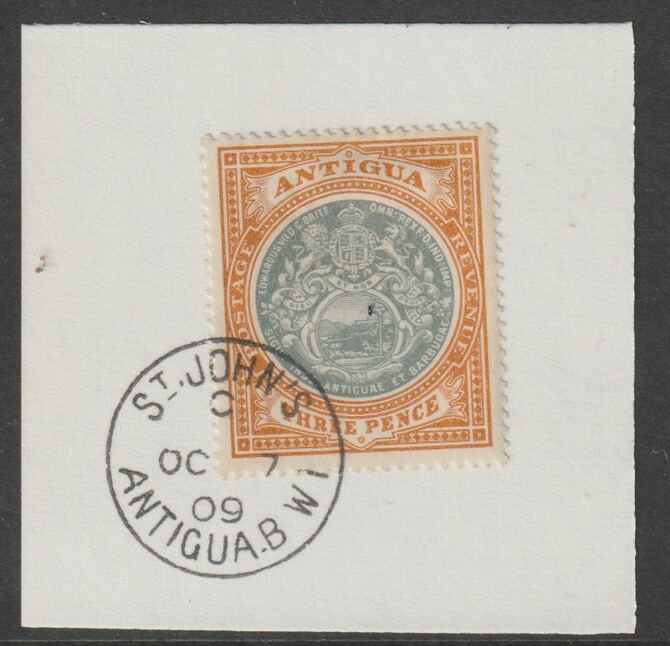 Antigua 1903-17 Arms 3d grey-green & orange-brown on piece with full strike of Madame Joseph forged postmark type 13, stamps on arms, stamps on forgery, stamps on forgeries