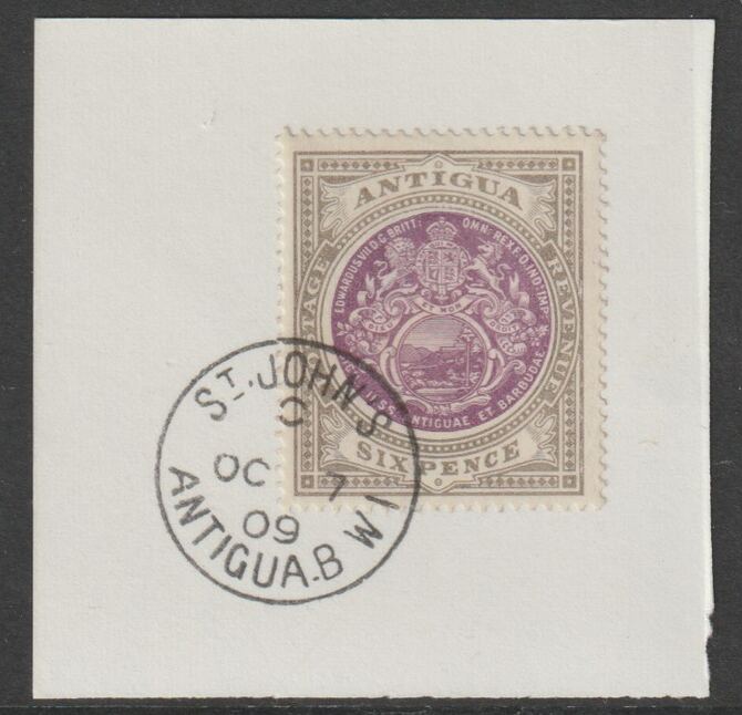 Antigua 1903-17 Arms 6d purple & drab on piece with full strike of Madame Joseph forged postmark type 13, stamps on arms, stamps on forgery, stamps on forgeries