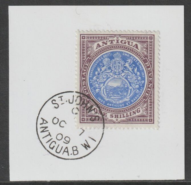 Antigua 1903-17 Arms 1s blue & dull purple on piece with full strike of Madame Joseph forged postmark type 13, stamps on arms, stamps on forgery, stamps on forgeries