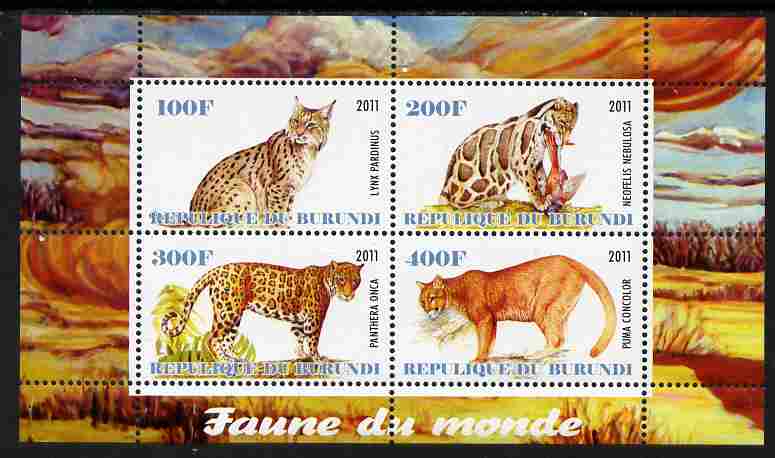 Burundi 2011 Fauna of the World - Wild Cats #3 perf sheetlet containing 4 values unmounted mint, stamps on , stamps on  stamps on animals, stamps on  stamps on cats