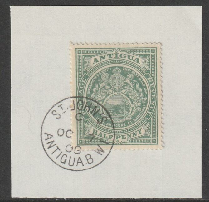 Antigua 1908 Arms 1/2d green on piece with full strike of Madame Joseph forged postmark type 13, stamps on , stamps on  stamps on arms, stamps on  stamps on forgery, stamps on  stamps on forgeries