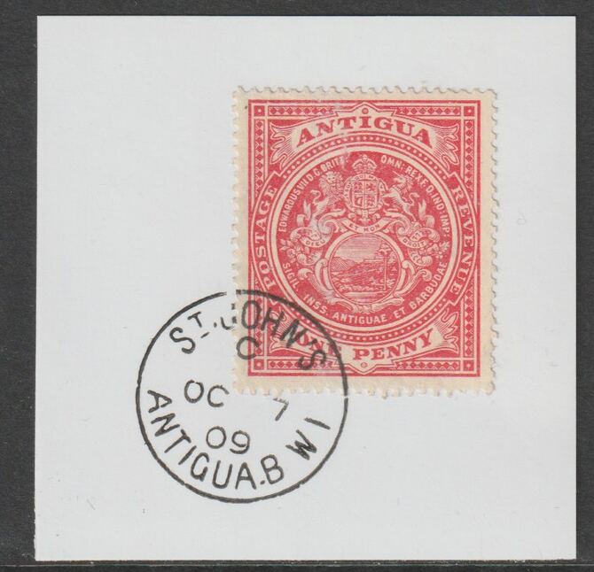 Antigua 1908 Arms 1d red on piece with full strike of Madame Joseph forged postmark type 13, stamps on , stamps on  stamps on arms, stamps on  stamps on forgery, stamps on  stamps on forgeries
