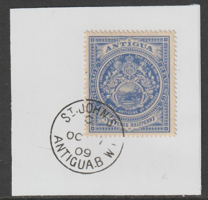 Antigua 1908 Arms 2.5d ultramarine on piece with full strike of Madame Joseph forged postmark type 13, stamps on , stamps on  stamps on arms, stamps on  stamps on forgery, stamps on  stamps on forgeries