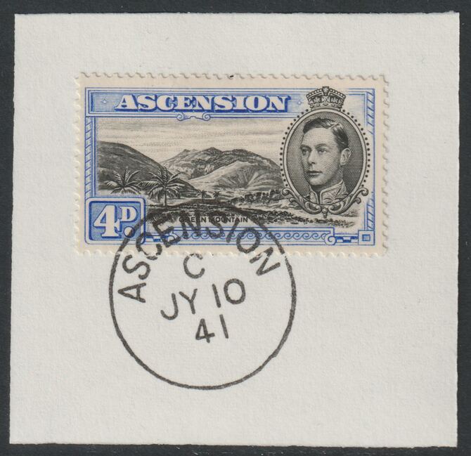 Ascension 1938 KG6 Pictorial 4d black & ultramarine on piece with full strike of Madame Joseph forged postmark type 26, stamps on , stamps on  kg6 , stamps on forgery, stamps on forgeries