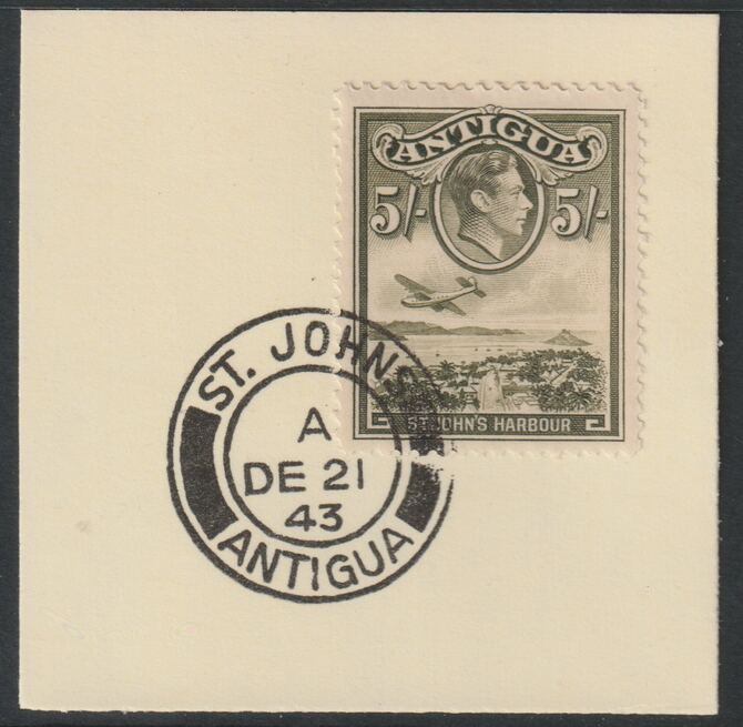 Antigua 1938 KG6 5s olive-green on piece with full strike of Madame Joseph forged postmark type 18, stamps on , stamps on  stamps on , stamps on  stamps on  kg6 , stamps on  stamps on forgery, stamps on  stamps on forgeries