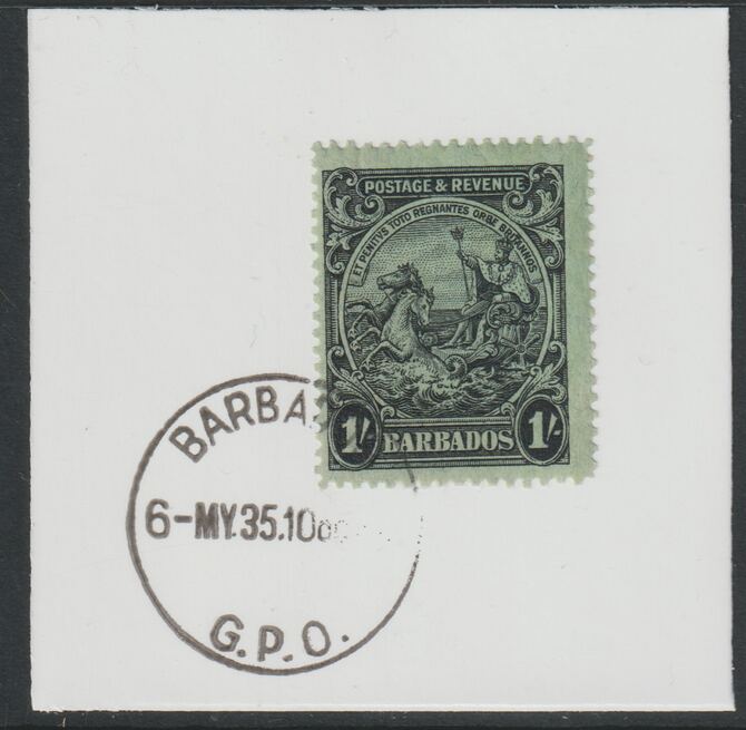 Barbados 1925 KG5 Britannia 1s black on green on piece with full strike of Madame Joseph forged postmark type 46, stamps on , stamps on  kg5 , stamps on forgery, stamps on madame joseph