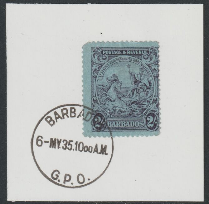 Barbados 1925 KG5 Britannia 2s purple on blue on piece with full strike of Madame Joseph forged postmark type 46, stamps on , stamps on  kg5 , stamps on forgery, stamps on madame joseph