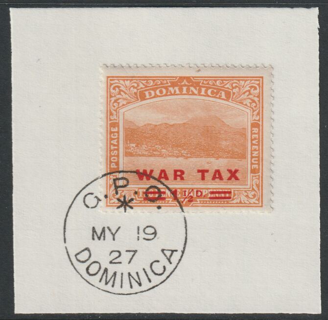 Dominica 1919 War Tax 1.5d on 2.5d orange with red opt (SG59) on piece with full strike of Madame Joseph forged postmark type 139, stamps on , stamps on  kg5 , stamps on forgery, stamps on  ww1 , stamps on 